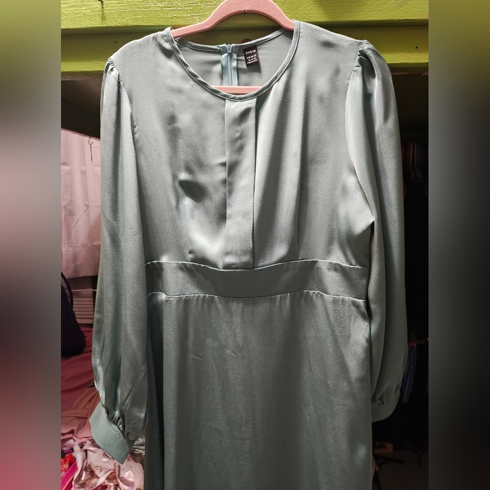 SHEIN Long Sleeve Satin Dress in Soft Green